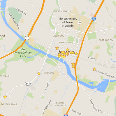 A map of Austin with stars on it