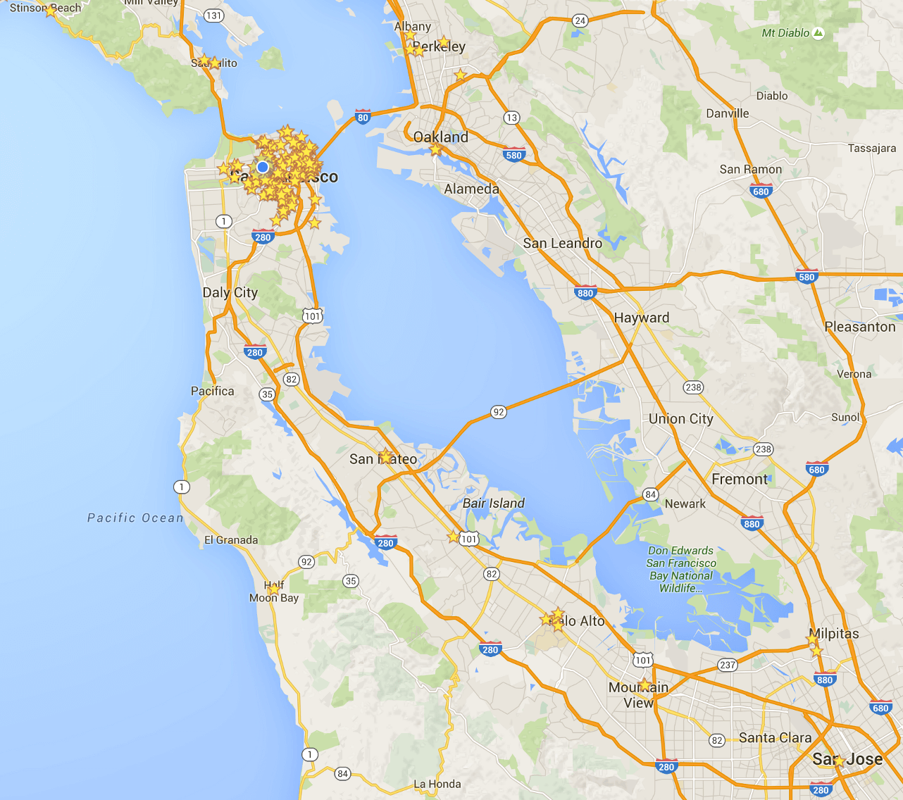 A map of the Bay Area with stars on it