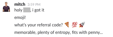A Slack message about emoji referral codes