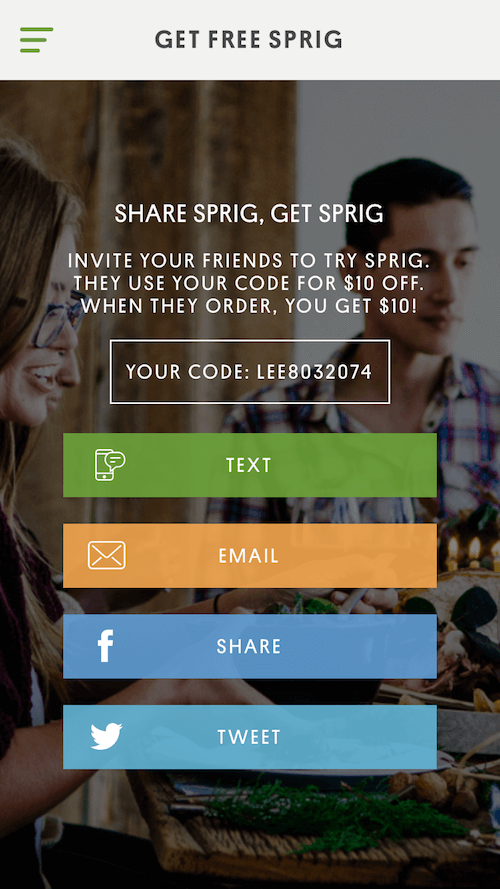 A screenshot of Sprig's referral code