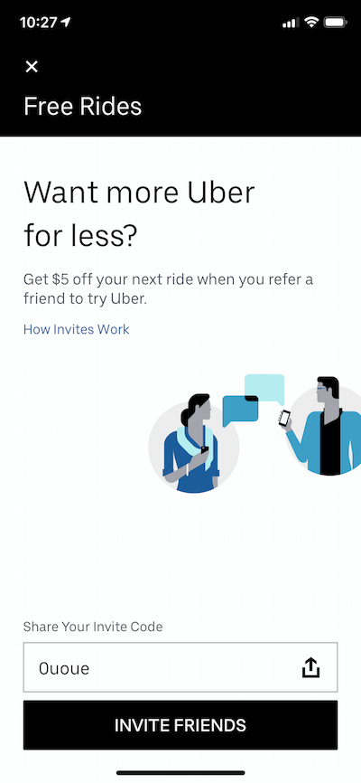 A screenshot of Uber's referral code